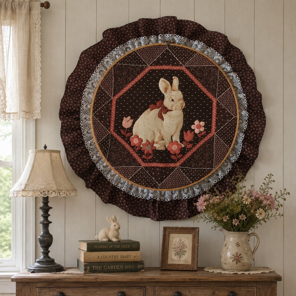 Vintage Handmade 21" Bunny Embroidery Hoop Wall Art Quilt Lace Country Cottage